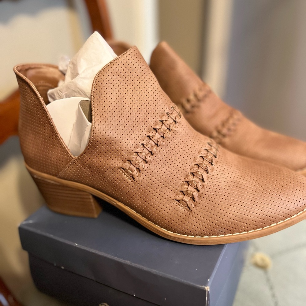 Tan Suede Ankle Booties with Perforated Design and Stacked Heel